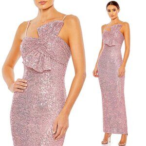 NWT MAD DUGGAL 11284 ROSE PINK SEQUINED STRAPLESS FAUX BOW COLUMN GOWN